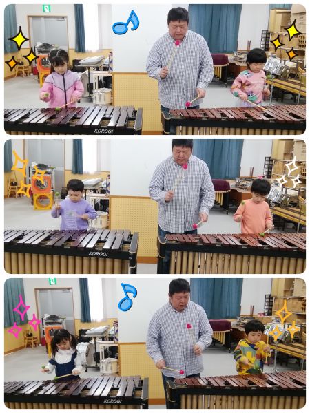 Ｃくみ今日の音楽はマリンバした！年長らしく、両手で難しい叩き方に挑戦しましたよ♪