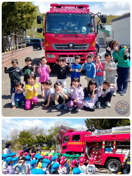 Ｃくみ消防車の中はどうなっているのか詳しく教えてもらいましたよ！そして消防車の前で記念撮影もしました✨