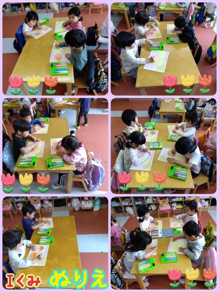 Ｉくみ　パンのぬりえをしました✨パンに何味のジャムを付けるか聞いてみると「いちごー‼🍓」「チョコー!!🍫」と案が出てきました😉はみ出さないように丁寧に塗れてしましたよ💛