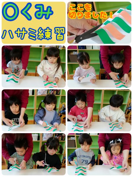 Ｏくみ今日はハサミの練習をしました！ハサミを正しく持ち、どこを切ったら良いのかを確かめながら、慎重に切っていましたよ✨