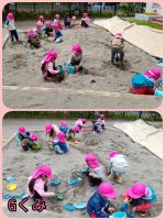 Gくみ砂場遊びをしました！スコップやバケツで大きな山を作ったり、型を使っていろんな食べ物を作っていました😁みんなで協力して綺麗にお片付けも出来ていましたよ✨