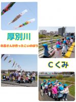 Ｃくみバスで厚別川に行きました！年長さんが作ったこいのぼりを見に行きましたよ♪天気も良くて初めてのおでかけがとても嬉しそうでした！