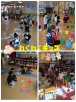 年少、Ｏくみ最後のわくわくキッズをしました！「新聞・チラシ、ブロック、ぬりえ、ボウリング」の4つのコーナーを楽しんでいましたよ🎵