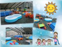 水遊び明日から順番に水遊びがスタートしますよ♪プールやおもちゃなど用意も出来上がりました！見学にいらっしゃる方は、暑さ対策をしてきてくださいね！